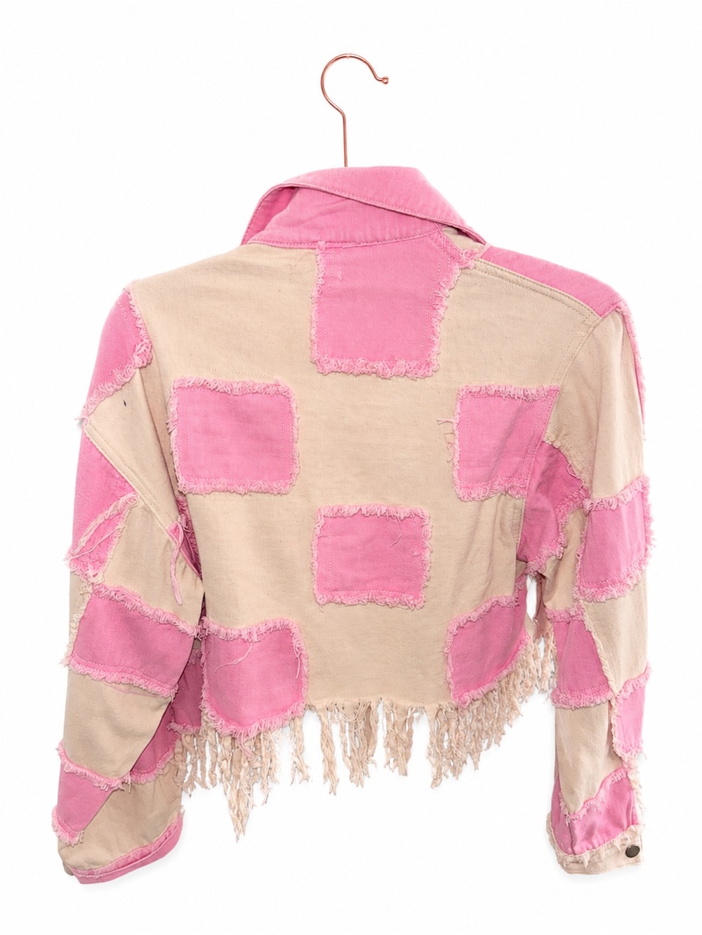 POL Pink & Cream Patchwork Distressed Cropped Jacket – Size Small - Picture 3 of 4